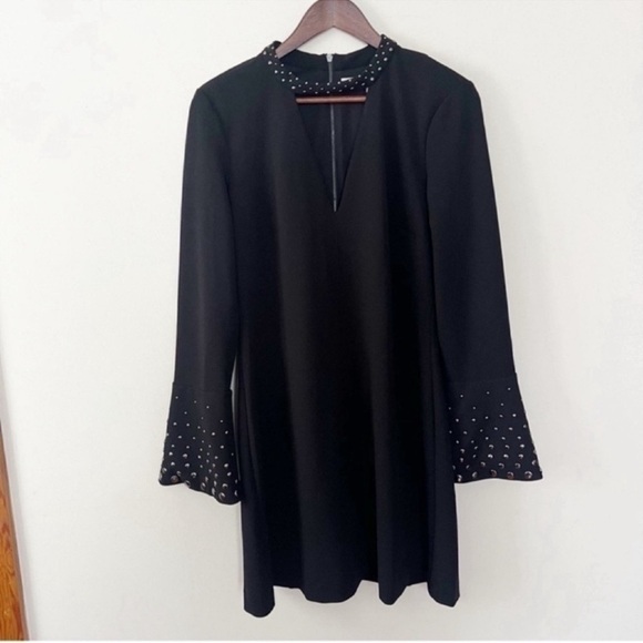 RACHEL Rachel Roy Black Deep V-Neck Embellished Bell Sleeve Dress Size 10 NEW - Picture 1 of 13